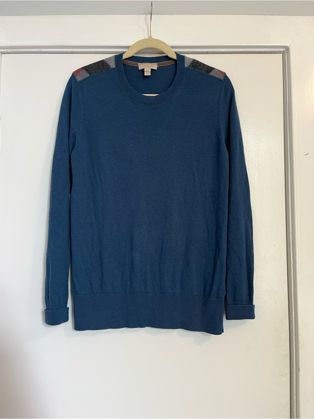 Burberry Brit Teal Blue Crewneck Sweater with Plaid Trim small used cashmere